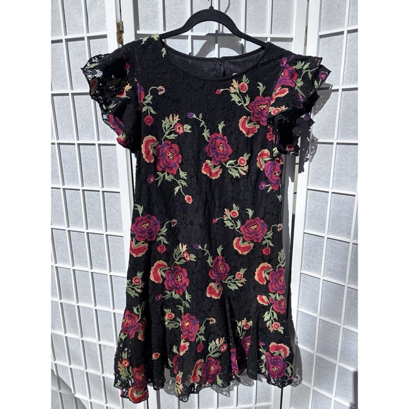 ANTHROPOLOGIE Eva Franco Poppy Dress Black Lace Floral Embroidery Sz 12 $198 - Picture 2 of 9
